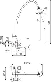 Смесител стенен за вана/душ със стационарен душ ISKAR B1395AA
